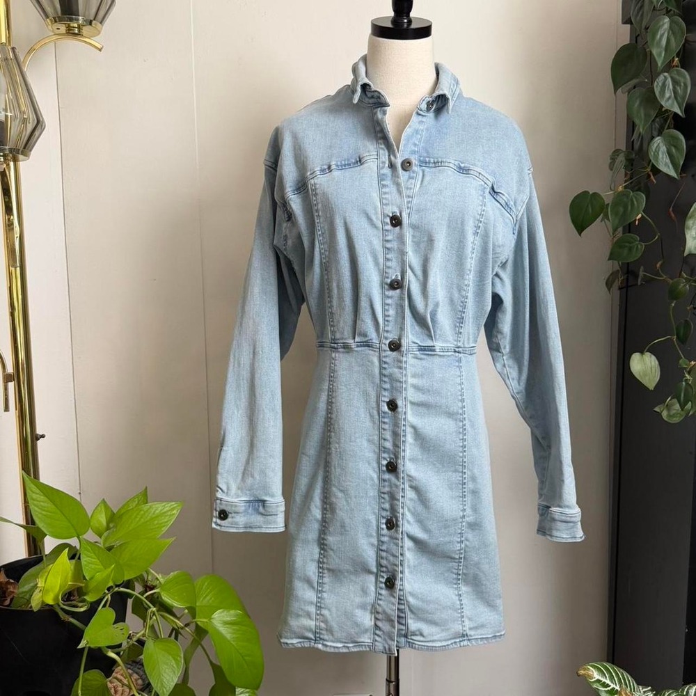 Free People Light Blue Denim Button Up Mini Dress Dolman Sleeve 12